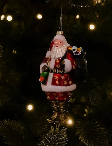 Addobbo Albero Di Natale In Vetro Babbo Natale Luxury - Decorazione Elegante E Brillante Con Dettagli Dorati E Borsa Regali 15cm