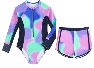 JiAmy Conjunto de traje de baño de dos piezas para niñas, protección solar UV, camiseta de manga larga con pantalones cortos, estampado de teñido anudado para adolescentes de 7 a 12 años, Morado (, 12
