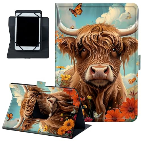 Universal Tablet Case 6–7 Inch, PU Leather 360° Rotating Folio Stand Cover, Multi-Angle Protective Case for 6–7 Android Tablets，Highland Cow and Flowers
