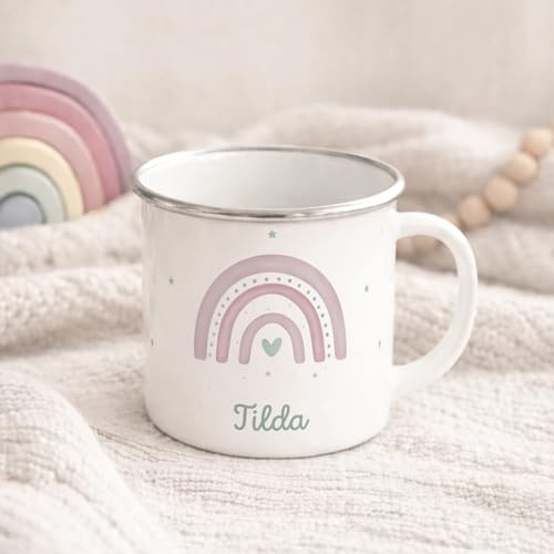 hellomini Personalisierte Emaille Tasse für Kinder, Kindertasse mit Wunschmotiv, Kinderbecher mit Namen, Geschenk zum Geburtstag für Mädchen und Jungs, (Regenbogen Rosa)