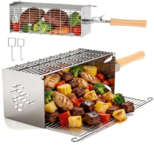 2er Set Grillkorb Quadratisch, Abnehmbarer Holzgriff, Grillkorb Edelstahl 304, Großes Volumen, Outdoor Grill, BBQ Zubehör für Gemüse, Fleisch, Gasgrill, Camping, Garten | Geschenk für Männer, Papa