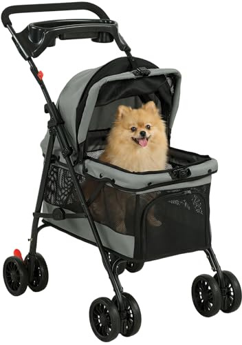 PawHut Hundewagen Hundebuggy Faltbar Klappbar Katzenwagen bis 10kg Grau | Mit Kissen, Netzfenstern, Getränkehalter, 360° Drehbare Räder Mit Bremse, Haustierbuggy Für Kleine Hunde Und Katzen