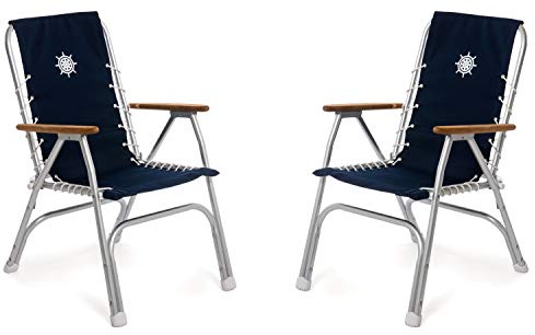 FORMA MARINE Boat Chairs High Back Navy Blue Deck Folding Marine Aluminum Teak Furniture Set of 2 M150NB