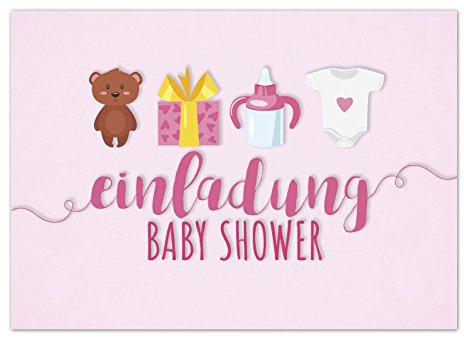 8 x Einladung Baby Shower Party/Einladungskarten mit Umschlag im Set/Motiv: Süße Motive - rosa - Mädchen/Babyparty Karte/Postkarte /