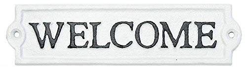 Sungmor, Targa decorativa da parete in ghisa resistente con scritta in inglese Welcome, targa bianca per porta, ingresso, portico di casa, ufficio o negozio, confezione da 10 x 2,5 cm.