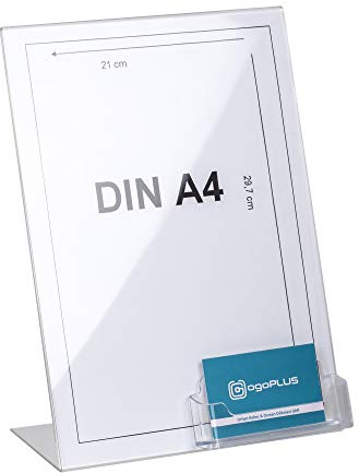 DIN A4 L-Aufsteller Hochformat mit Visitenkartenhalter Querformat – Transparenter Acryl Tischaufsteller für Flyer, Werbung & Preisschilder – Prospekt- und Kartenhalter für Büro, Messe & Empfang