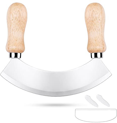 PROKITCHNE Wiegemesser, Kräutermesser mit 1 klinge aus Edelstahl, Pizzaschneider mit Holzgrif zum Zerkleinern von Kräutern & Gewürzen
