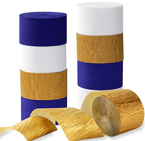 Navy-Blue White-Gold Crepe Paper Streamers - 9 Rolls Royal Blue Graduation 2025 Men Boy Birthday Party Decorations Streamer Wedding Bridal Shower Paper Garland Fathers Day Decor Panduola