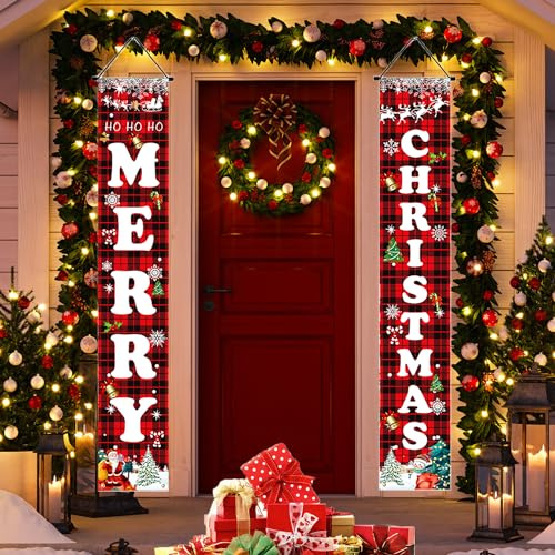 Set di decorazioni natalizie con motivo scozzese di bufalo rosso e nero, per festival, striscione per porta di buon Natale, cortile e portico anteriore, decorazione natalizia per interni ed esterni