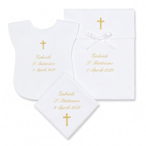 COCCOLE - Set 3 Pezzi per Battesimo Fazzoletto, Vestina e Busta - Set Completo Personalizzato con Nome e Data a Tema Croce Oro - Kit 3 Pezzi Battesimo in Tessuto Piquet 100% Made in Italy