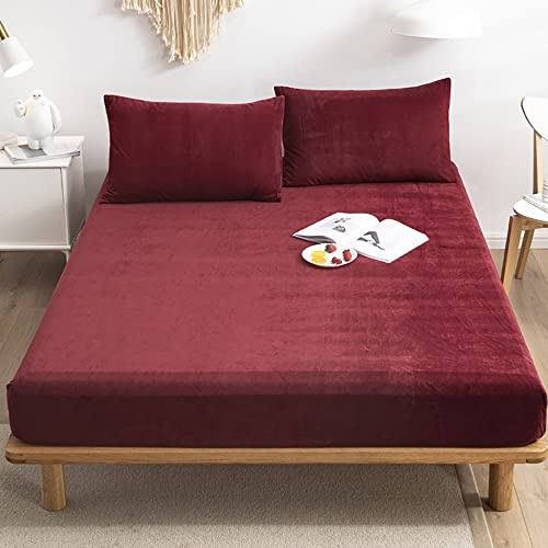 Michorinee Warme Fleece Spannbettlaken 200x200cm Cashmere Touch Kuschelig Flauschig Plüsch Flanell Bettlaken Spannbetttuch für Boxspringbett Topper Matratze bis 30 cm Hohe Weinrot