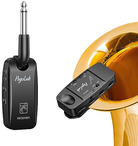 POGOLAB UHF - Sistema de micrófono inalámbrico para saxofón, sistema de recogida de micrófono recargable con estuche de almacenamiento, rango de 164 pies, transmisor de clip con ajuste de