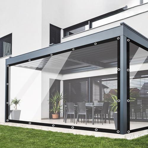 Ezcasch 3x3m Clear Tarpaulin Waterproof Heavy Duty - 420g/m² Clear Tarp with Grommets, Transparent Waterproof Pergola Covers for Patio Outdoor with Rope and Cable ties