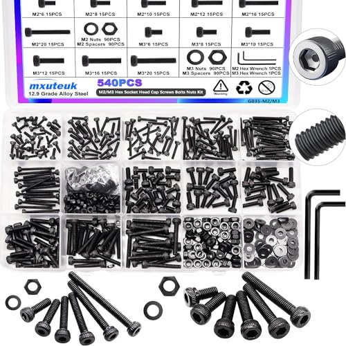 mxuteuk 540PCS M2 M3 Metric Screws Assortment Set Suitable for 3D Printer DIY,Hex Socket Head Cap Screws Bolts Nuts Kit,12.9 Grade Alloy Steel Black Zinc Plated Assorted Screws with Hex Wrench