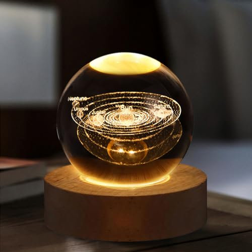 RuiDay 3D-Sonnensystem-Kristallkugel, 3D-Planet-Kristallkugel-Nachtlicht mit Holzsockel, Weltraum-Galaxie-Kristallkugel, LED-Galaxie-Nachtlicht mit Farbwechsel, Schlafzimmerdekoration, Geschenk