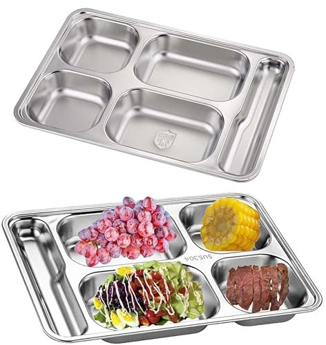 AIYoo Rektangulär tallrik i rostfritt stål, set med 2 delade middagstallrikar, 5 fack uppdelad tallrik för camping, evenemang, familjefest och kök, okrossbara delade portionstallrikar