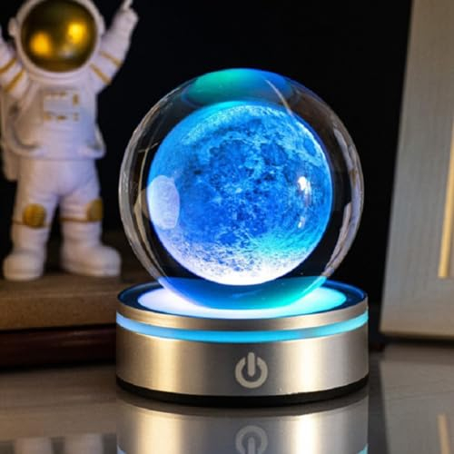 Starnearby 3D Kristallkugel Nachtlicht, Batterie/USB 3D Sonnensystem Planeten Lampe, 60mm Glaskugel Lampe mit Sockel, 7 Farben Touch Leuchtender 3D Kugel Astronomie Geschenk (Mond Lampe)