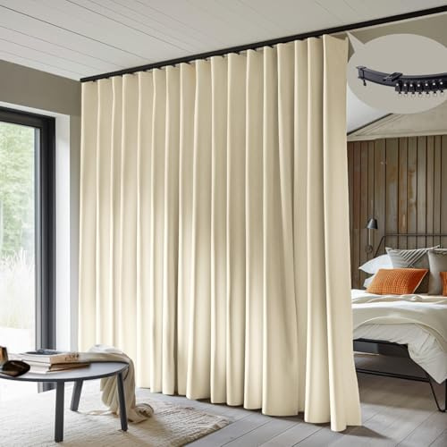 MaKefeile Room Divider Curtains with Flexible Ceiling Curtain Tracks Set,100% Blackout Floor to Ceiling Curtains Patio Sliding Door Curtains (Beige Drape & Black Rail W 8.3 × H 8 FT)