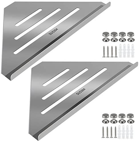 Skelang 2 Pcs Étagères d'angle en Acier Inoxydable 304, Étagère Salle de Bain Triangulaire avec Vis, Étagère Murale Flottante pour La Salle de Bain, Organisation de La Cuisine