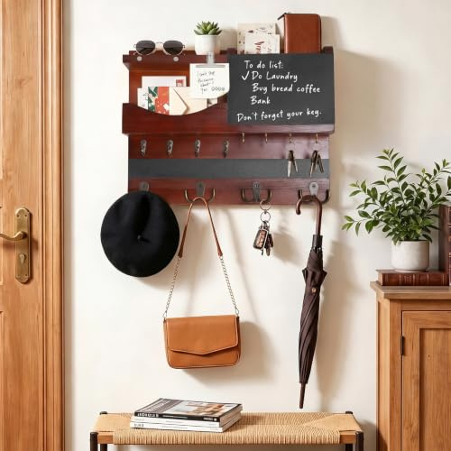 JKOKPMG Schlüsselbrett mit Ablage, Schlüsselbrett Holz mit 16 Haken Nutzt | Schlüsselhalter mit Edelstahlhaken,Schlüsselanhänger Wand Key Holder Wall Modern,Wandregal Schlüssel für Flur & Eingang