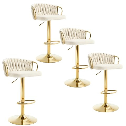 WOLTU Set med 4 barstolar, Barstolar höjdjusterbara 360° roterande, Kökspall med flätat ryggstöd fotstöd, Sammetsstol med metallram, Kräm, BH426cm-4