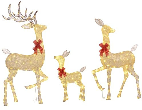 Outsunny 3 Cerfs Lumineux Noël, en Forme de Famille de Cerfs, Rennes Lumineux Noël, en Acier, 283 LED Blanc Chaud, pour intérieur extérieur Cour pelouse