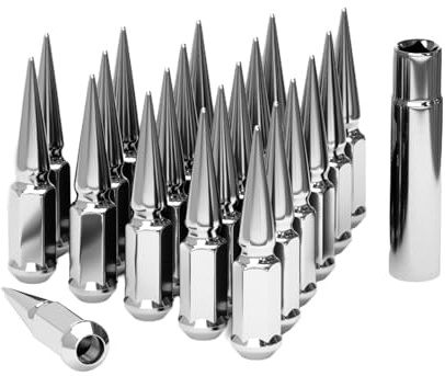 TIROL 24pcs M14X1.5 Spike Lug Nuts, Compatible with 07-17 Sequoia/Tundra, 95-17 Silverado/Sierra 1500, 12-17 Ram 1500/Grand Cherokee, One-Piece Design Factory Chrome Acorn Wheel Nuts with Socket Key