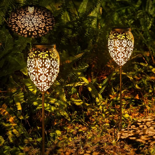 JOYCREATOR Solarlampen für Außen Garten 2 Stück, Metall Garten Solarleuchten für Außen IP65 Wasserdicht, LED Warmweiß Gartenleuchten Solar Vintage Deko für Balkon Terrasse Blumenkasten Hof (Bronze)