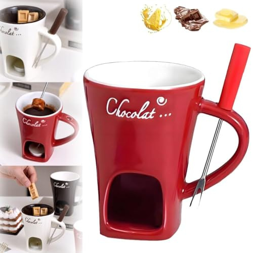 Sweet Fondue Cup, Chocolate Fondue Mug Tealight, Chocolate Melting Cups, Mini Chocolate Fondue Set Without Tealights, Fondue Cups with Forks for Date Night Birthday Wedding Gifts (Red)