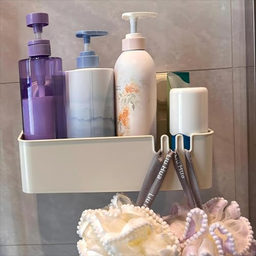Bathroom Wall Storage No Drill, Wall Draining Shelf Shower Basket Storage Organizer,Oil-Resistant Kitchen Storage Rack Max 4KG for Kitchen Apartment Cabinet Home Bathroom Bathtub, Cream