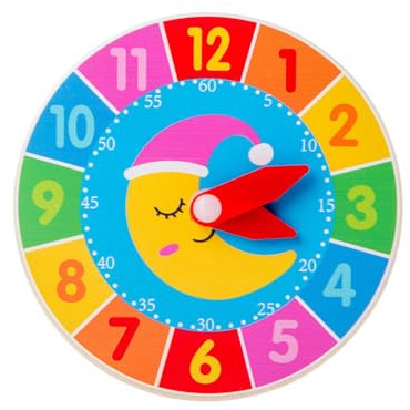 KIXZSAZ Kinder Holzuhr Spielzeug Stunde Zweite Erkenntnis Bunte Uhren Spielzeug Pädagogisches Unterrichtsmaterial Schule Kindergarten, Mond