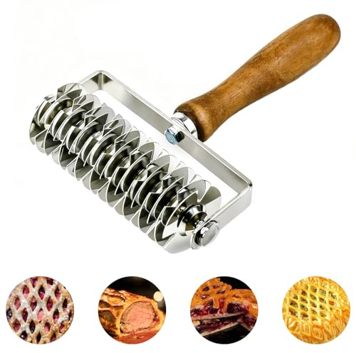 Lattice Pastry Cutter, Pastry Lattice Roller Cutter, Dough Roller Cutter with Wood Handle, Stainless Steel Lattice Pie Top Cutter, Time-Saver Baking Tool for Pizza Bread Puff Pastry Lattice Crust