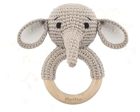 AAQ Personalisierte Beißring Baby, Babyrassel mit Namen, Personalisierter Greifling Baby, Babygeschenk Personalisiert für Jungen Mädchen (A4-Elefant)