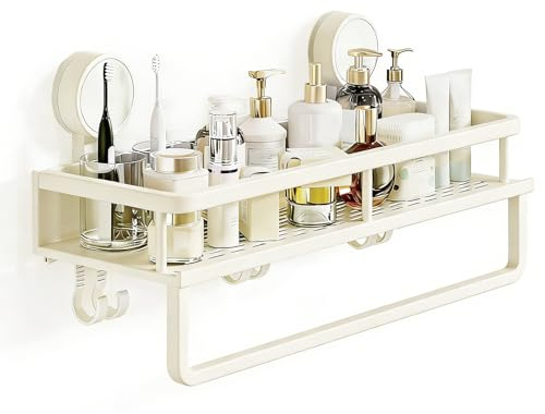 Duschablage Saugnapf mit 5 Haken Duschablage Wiederverwendbar Abnehmbar Duschregal Ohne Bohren Badezimmer Organizer Für Shampoo Conditioner Duschgel, Für Bad, Küche, Wohnzimmer, Bis 10Kg