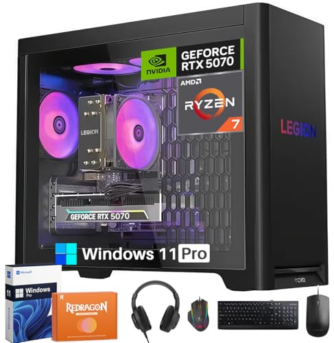 Lenovo Legion Tower 5 Ordinateur de bureau de jeu, AMD Ryzen 7 7800X3D NVIDIA GeForce RTX 5070 12 Go GDDR7, 32 Go DDR5 5600MT/s, 2 To SSD, 2 To HDD, refroidissement Legion Whisper-Quiet Legion