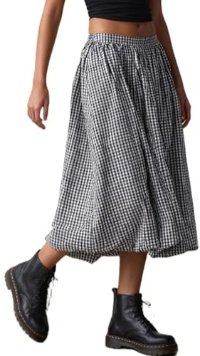 Women's Y2k Plaid Bubble Maxi Skirts Casual Elastic Gingham Flowy A Line Long Skirt Swing Pleated Ruffle Balloon Skirt with Pockets (A-Black, M)