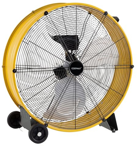 COSTWAY 24 Inch Large Industrial Drum Fan, 3-Speed High-Velocity Floor Fan with Built-in Wheels & Handle, Metal Air Circulator Cooling Fan for Home Commercial Warehouse Workshop (Yellow)