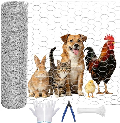 Chicken Wire Mesh Roll, Anti-Rust Hexagonal Galvanized Chicken Wire Fencing with Cutting Pliers, Gloves and 100 Cable Ties for Pet Rabbit Chicken Fencing (35cmx5m)