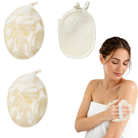 ZEMINRI 3 PCSLufa Esponja Exfoliante Corporal Juego Doble Función Bolsa | para Jabón con Cordón Suave Resistente Estropajo Luffa para Baño y Ducha Estropajo Luffa para Mujeres y Hombres (Beige)