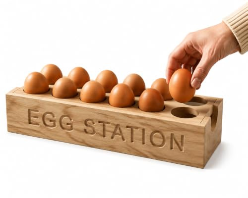 GLOW Wholesale RB Egg Station Wooden Egg Holder for 12 Eggs – Hevea Wood Egg Rack & Storage Tray for Kitchen Countertops – Farmhouse Kitchen Organiser, Durable Egg Storage Stand for Fresh Eggs
