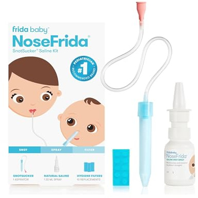 Frida Baby Saline Kit, Cold & Flu 12 pc Set Includes NoseFrida Nasal Aspirator for Baby, Nose Sucker, Saline Nasal Spray with 10 Extra Hygiene Filters, Nasal Spray Decongestant, 0.68 fl oz