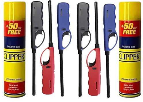 ASPIRE UK 6 mecheros cocina + 2 botellas de gas, Encendedores de gas para cocina, mecheros recargables, Metal o Plástico de, Rústico, Rojo, Azul, Blanco