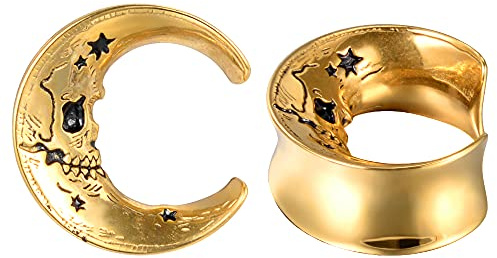 COOEAR 1 par de túneles de oreja estilo luna Tapones de carne Pendientes de perforación Medidores de oreja de calavera de acero inoxidable 10mm-25mm.