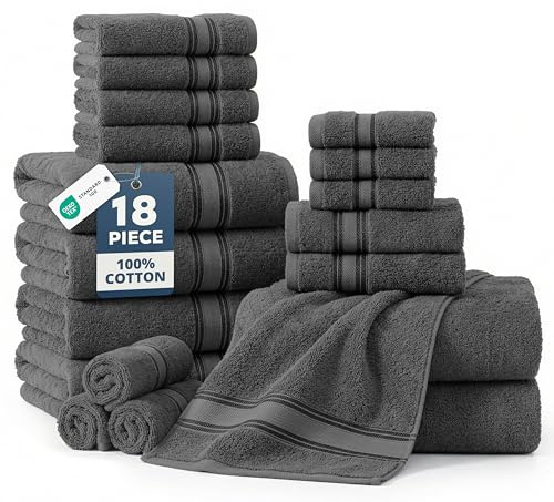 LANE LINEN 18-Pack Premium Towels for Bathroom – 100% Cotton Towel Set, Zero Twist, 6 Bath, 6 Hand & 6 Washcloths,Gentle on Body, Highly Absorbent, Remains Soft After Wash, Hotel & Spa Quality – Grey