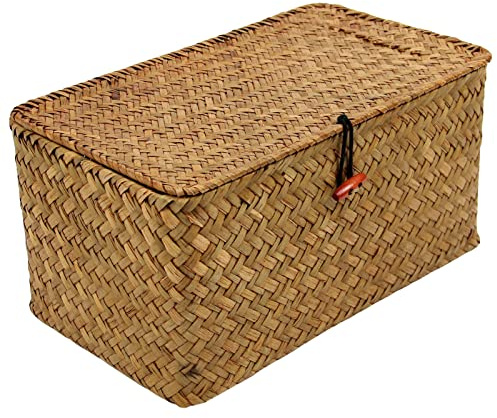 Casaphoria Large Square Sea Grass Baskets for Storage Seaweed Woven Sundries Baskets Sturdy and Durable Natural Material for Make-up with Lid Big Rectangular Seagrass Towel Baskets for Organizing