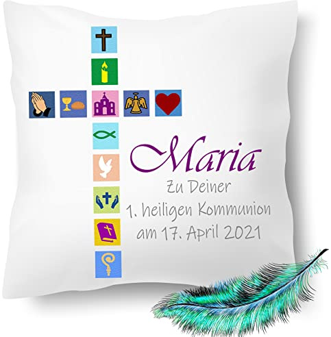 Print Deluxe Personalisiertes Kommunion Kissen mit Namen – Kreuz & Kircensymbole Motiv – Geschenk zur Erstkommunion für Mädchen & Jungen – Christliches Dekokissen (ohne Kissenfüllung)