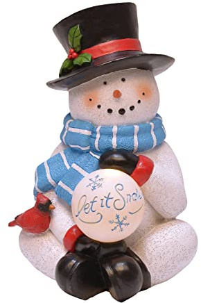 Mark Feldstein & Associates Resin Let It Snow Snowman Holiday Tabletop Figurine with Pre Lit LED Snowball, 10 Inch