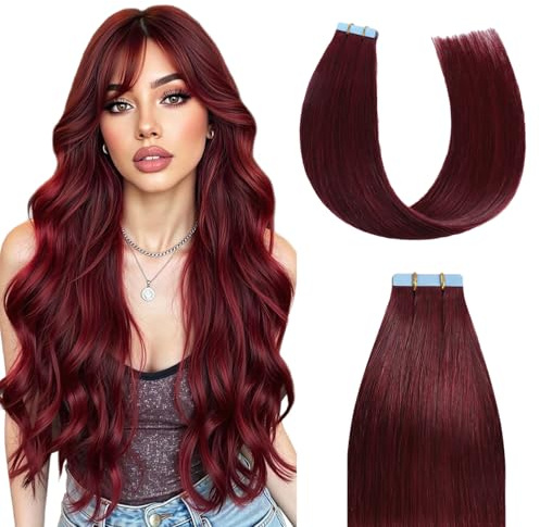 Sunya Tape In Extensions Echthaar 50cm Burgunder rot #99J Remy Haarverlängerung Unsichtbar Nahtlos Klebeband Kleber Glatt 20 Stück 50g für Frauen