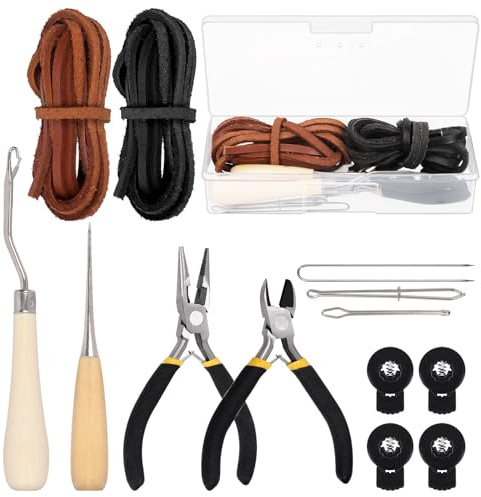 Keadic 13 Pcs Baseball & Softball Glove Repair Kit, 79 Inch Leather Laces, Lacing Needle, Awl, Pliers & Glove Locks, Complete Relacing Maintenance Set for Sports Mitts