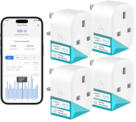 Meross Smart Plug with Energy Monitoring, Mini Smart WiFi Plug Work with Alexa, Google Home, SmartThings, Smart Socket Remote Control Timer Plug, No Hub Required, 13A, 4 Packs